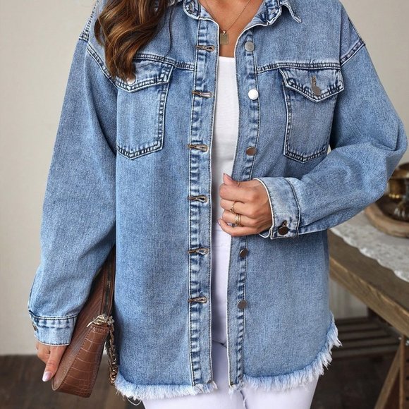 Blue Preppy Womens Flap Pocket Drop Shoulder Raw Cut Denim Jacket - Picture 5 of 5